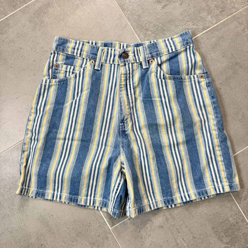 Vintage Levi's High Waist Orange Tab Striped Denim Shorts - Picture 5 of 9